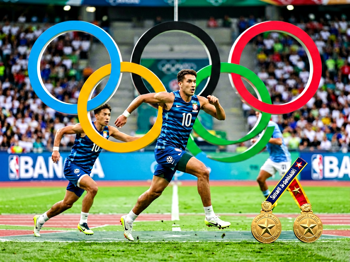 奥运五环标志与运动员竞技场景